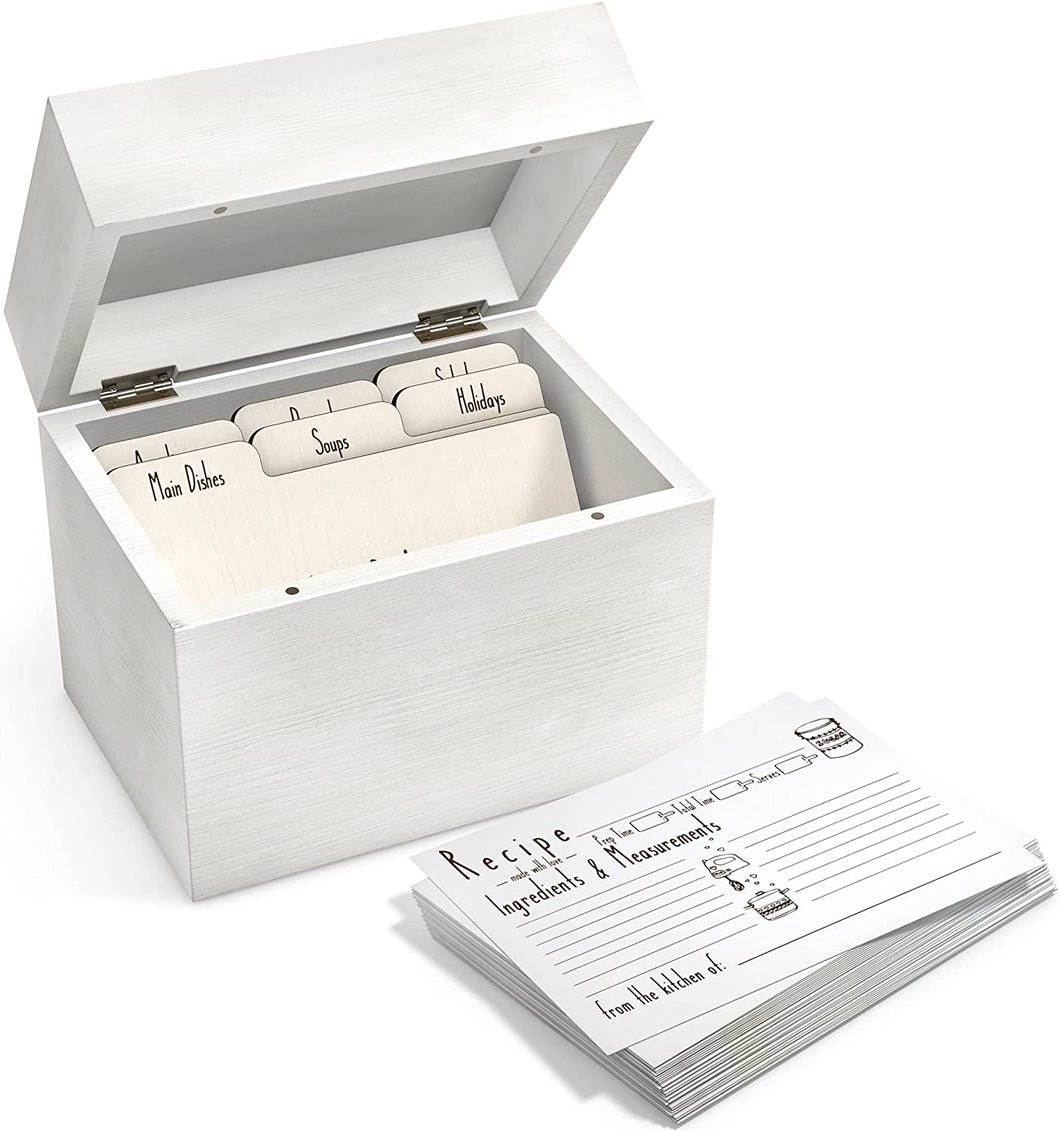 Off White Wooden Recipe Box with Wood Dividers + 50 Double Sided Recipe Cards