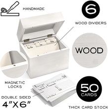 Load image into Gallery viewer, Off White Wooden Recipe Box with Wood Dividers + 50 Double Sided Recipe Cards