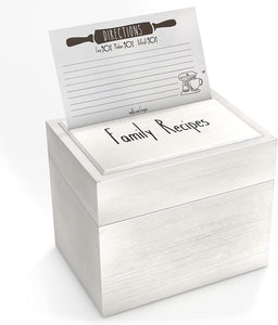 Off White Wooden Recipe Box with Wood Dividers + 50 Double Sided Recipe Cards
