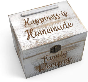 White Wooden Recipe Box with Wood Dividers + 50 Double Sided Recipe Cards