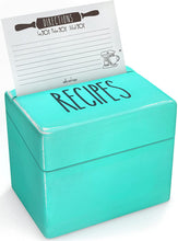 Load image into Gallery viewer, Turquoise Wooden Recipe Box with Wood Dividers + 50 Double Sided Recipe Cards