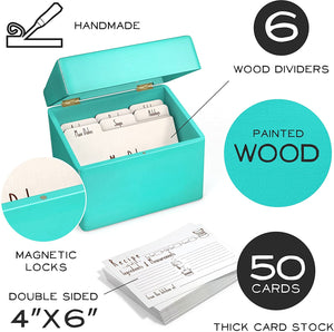 Turquoise Wooden Recipe Box with Wood Dividers + 50 Double Sided Recipe Cards