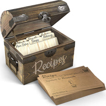 Load image into Gallery viewer, Brown Wooden Recipe Box with Wood Dividers + 50 Double Sided Recipe Cards
