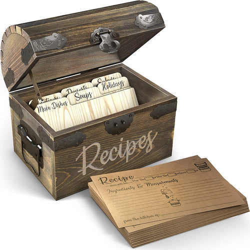 Brown Wooden Recipe Box with Wood Dividers + 50 Double Sided Recipe Cards